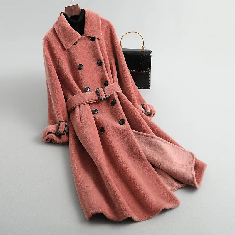 AYUNSUE зимнее пальто женское пальто из натурального меха женская куртка из овечьей шерсти шерстяное пальто женская одежда корейская верхняя одежда MY4403 - Цвет: Lai Yang Hong