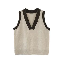 Lucyever, v-образный вырез, Женский пуловер, вязаный жилет, свитер, Модный корейский стиль, лоскутные, без рукавов, Осенний джемпер, женский свитер, пальто