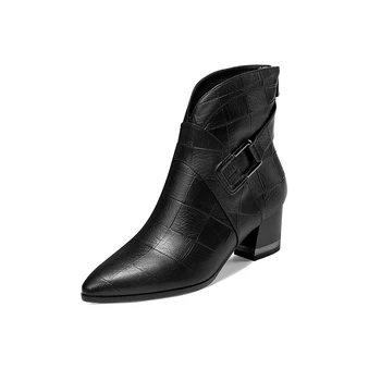 

New Women Basic Boots Cow Leather Autumn Winter Ladies Shoes Med Heels Punk Party Dancing Shoes Woman Pumps