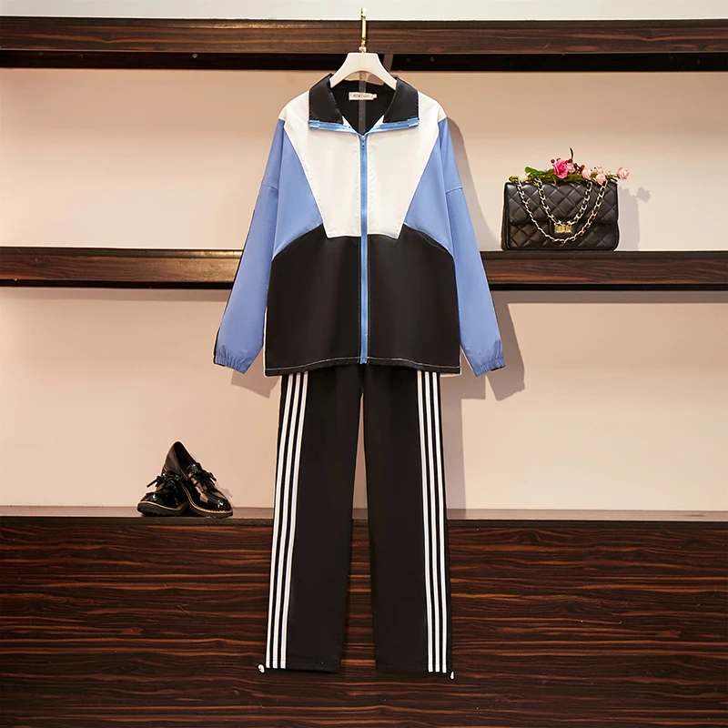 

2020 Autumn Winter Women's Tracksuits Patchwork Jacket Coat And Loose Stripe Trousers Sport Suit Female Sportswear 2 pieces Sets