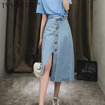

Korea 2020 new spring and summer high street women's high waist asymmetrical single breasted buttons denim skirt Y077