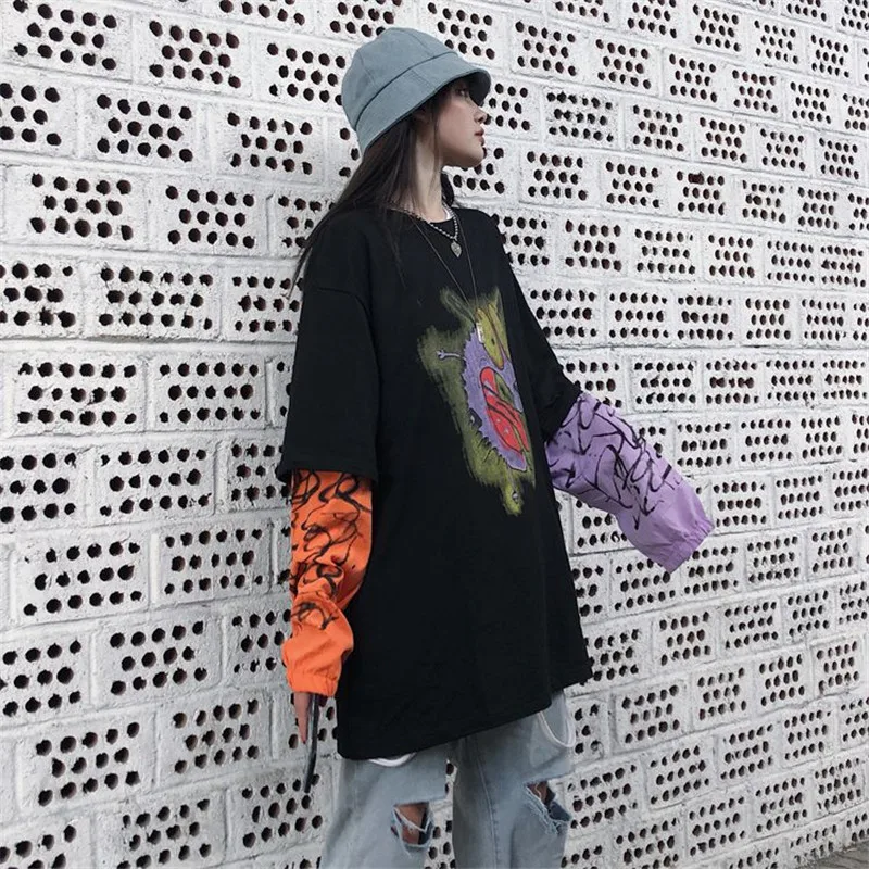 Lychee Harajuku мозаичное яркое цветное с О-образным вырезом Женские пуловеры с рисунком собаки из мультфильма женские свитшоты Поддельные 2 штуки осенние женские топы