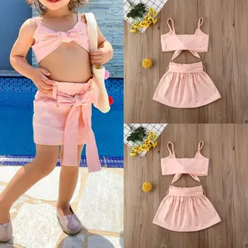 

2020 Summer Girl Clothes Toddler Kids Baby Girls Summer Bowknot Crop Tops Skirt Shorts Outfit Set Clothes 0-5T