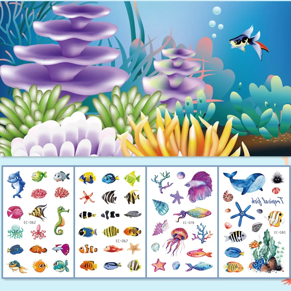 

24 kinds Temporary Tattoo Stickers for Kids Cute Cartoon Tropical Fish Marine faux tatouage temporaire Disposable Children Gift