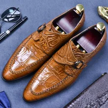 Genuine Cow Leather Brogue Wedding Shoes Mens Crocodile Pattern Casual Flats Shoes Handmade Monk Strap Oxford Shoes