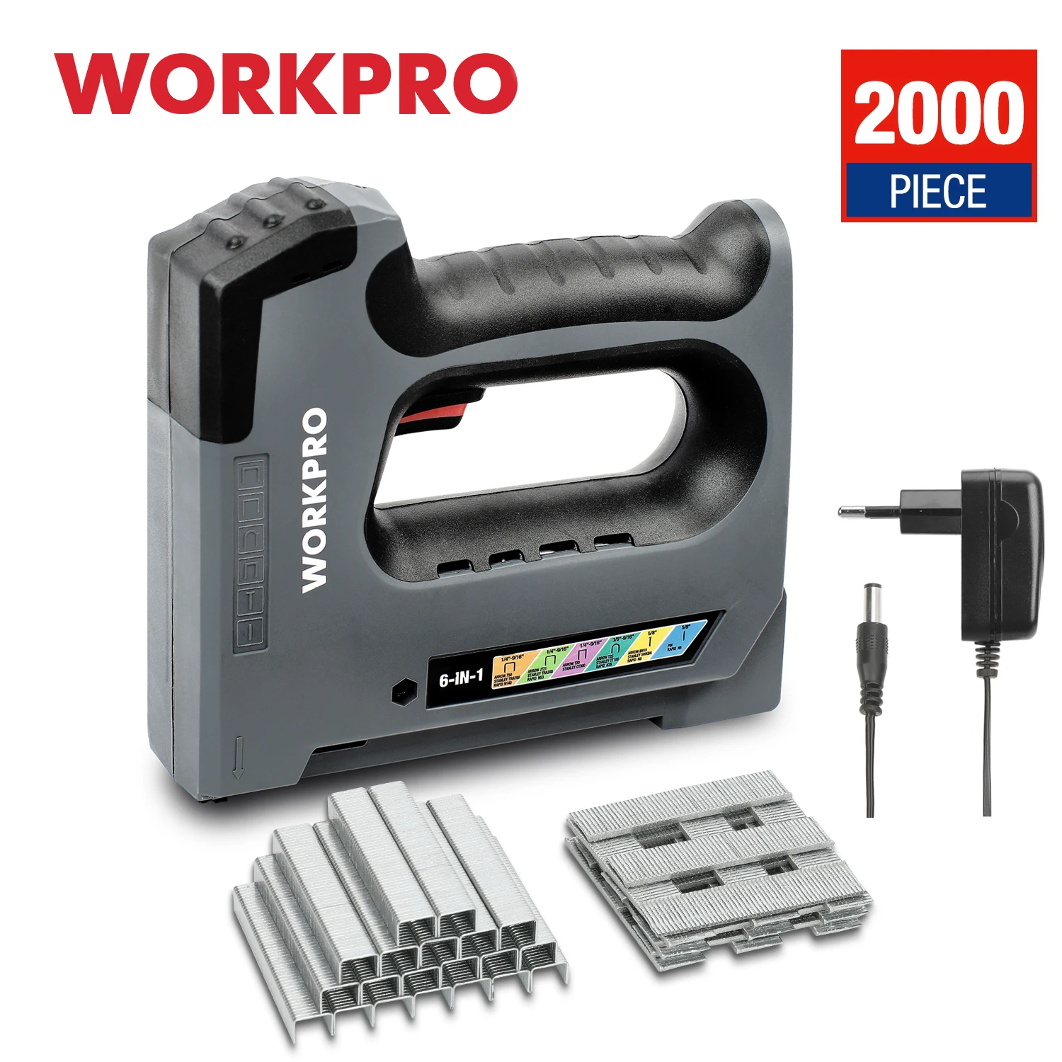 WORKPRO-grapadora eléctrica 6 en 1 de 3,6 V, pistola de grapas de alta resistencia, inalámbrica, iones de litio, para decoración de la casa, renovación de tapicería