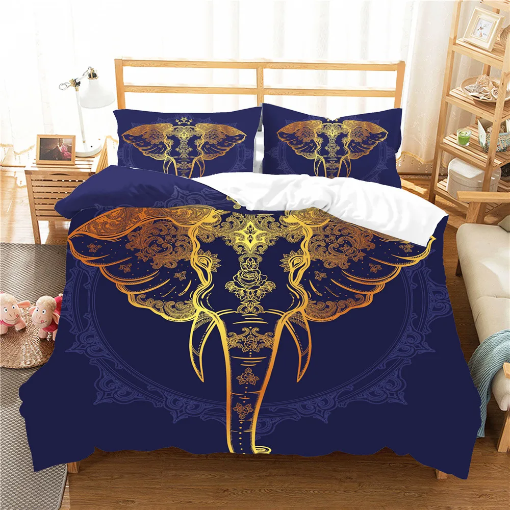 

Complete Bedding Sets Home Textiles Bed Clothes Golden Elephant Printed with Pillowcase Bosnia Style King Queen Double Size