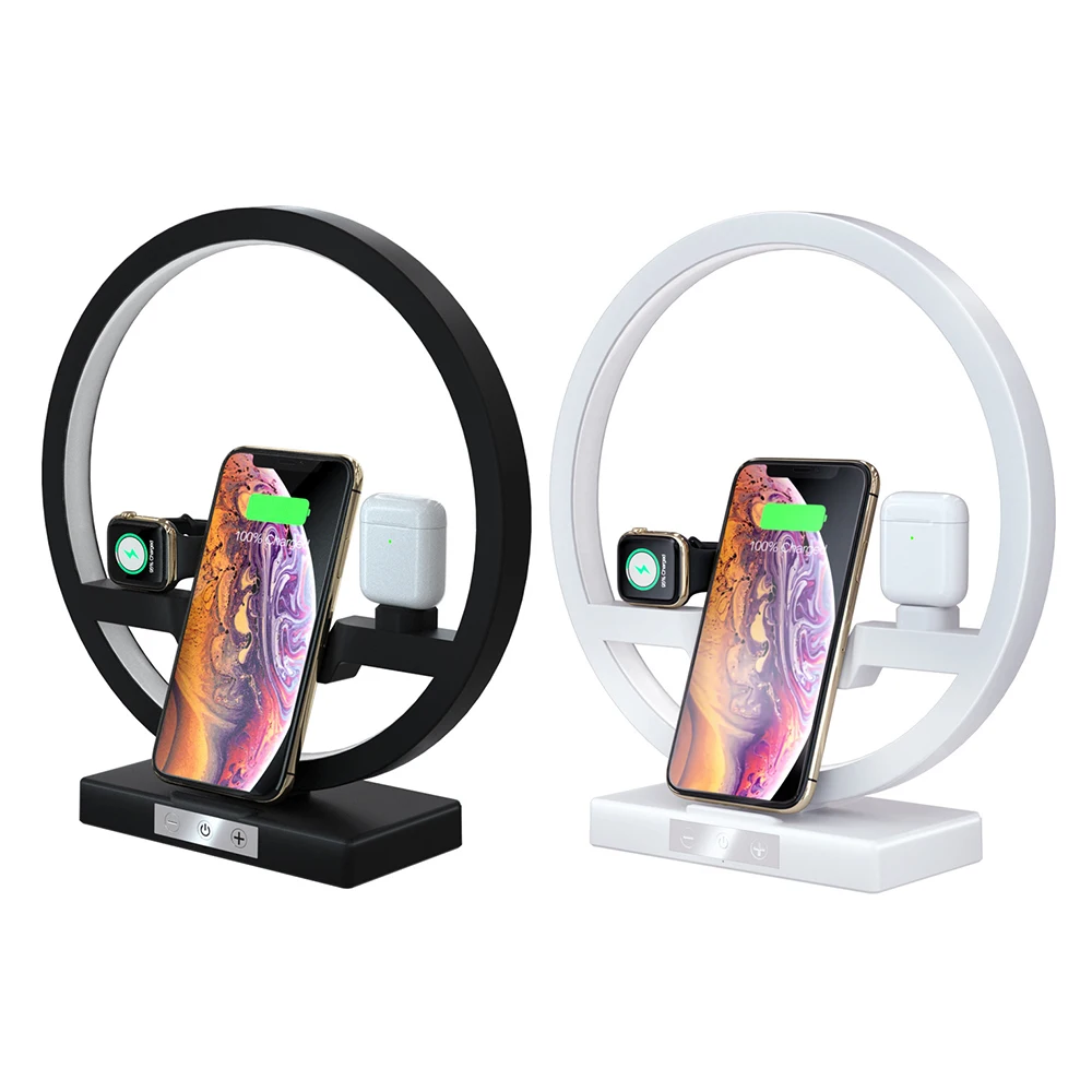  3 In 1 Table Desk Lamp Fast QI Wireless Charger Dock Station for Watch Bluetooth Earphone Wireless 