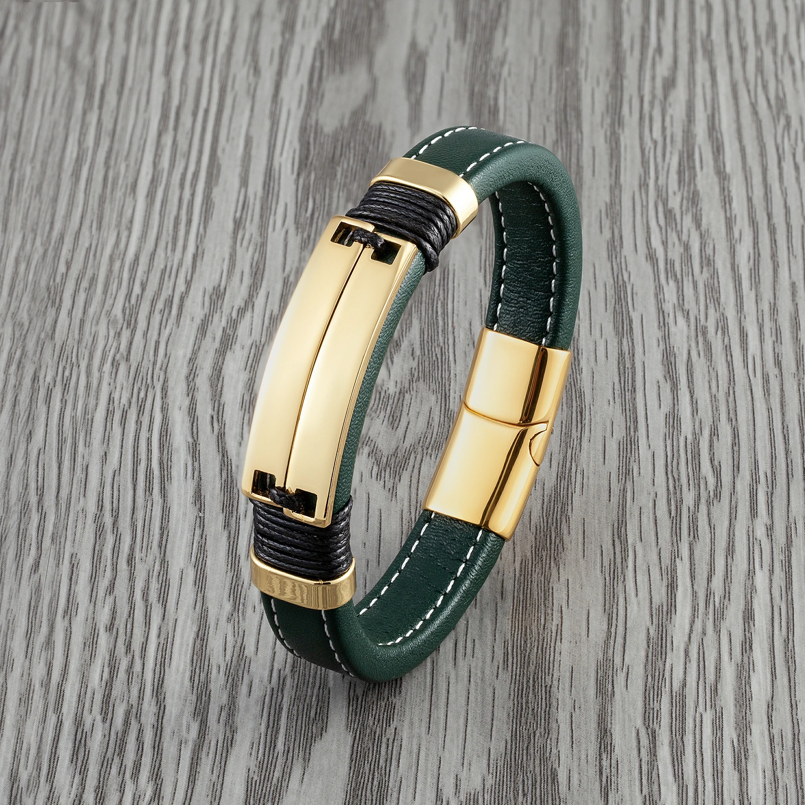 2021 New Fashion Punk Style Double Row Smooth Multicolor Stainless Steel Men's Bracelet Charm Green Wide Leather Cord Bracelet - Image 3