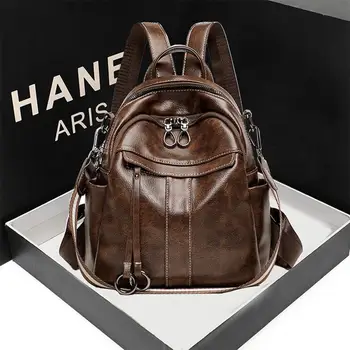 

1Pc Fashion Anti-Theft Zipper Backpack Retro Oil Wax Knapsack Fashion Travel Bag Shoulder Bag Dark Coffee (Size L)