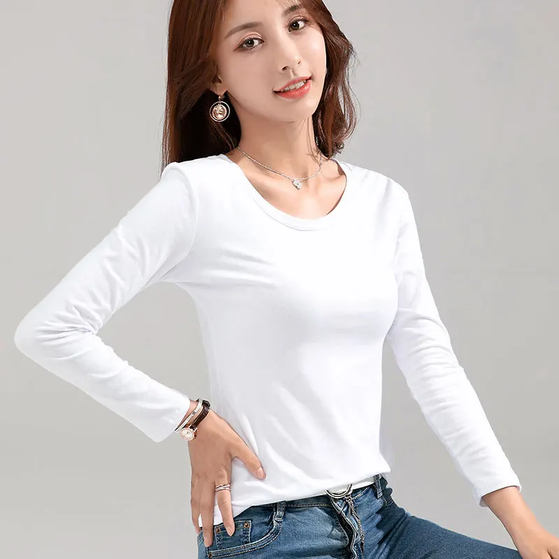 Womens T-Shirt Slim White Long-Sleeved Cotton Brand-New Pure-Tops for Female Thin Woman
