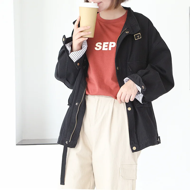 Johnature, женские куртки Harajuku, пальто, осень, новинка, стоячая кнопка, длинный рукав, сплошной цвет, женская одежда с карманами, повседневные куртки