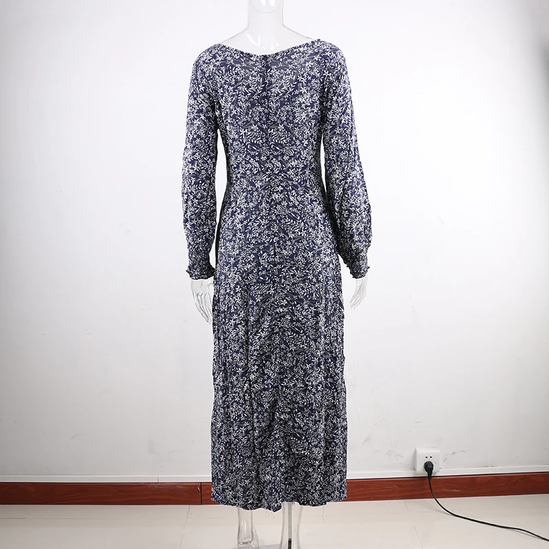 Nadafair פנס בציר שרוול חופשת Boho שמלת ארוך V צוואר אונליין גבוה מותן אלגנטי רטרו פרחוני מקסי שמלת נשים Vestidos