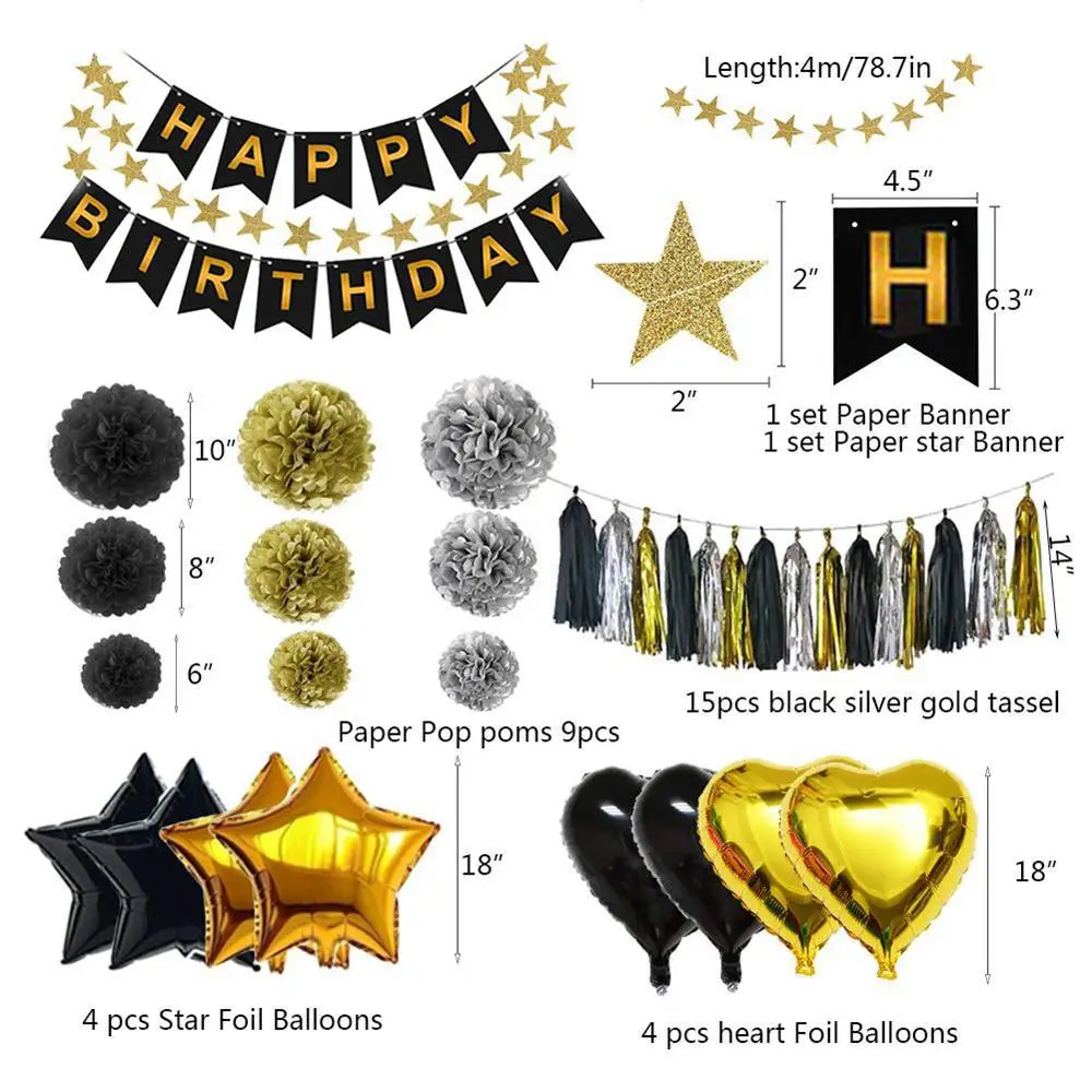 Black and Gold Party Decorations Birthday Banner Crown Balloons Star Heart Foil Balloons Birthday Decorations Party Supplies