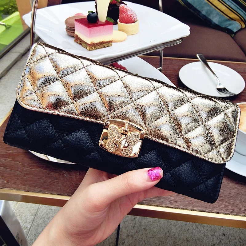 

Wallet for Ladies Genuine Leather Tri-fold Purse Large Capacity Fashion Clutch Bags Golden Shining Case