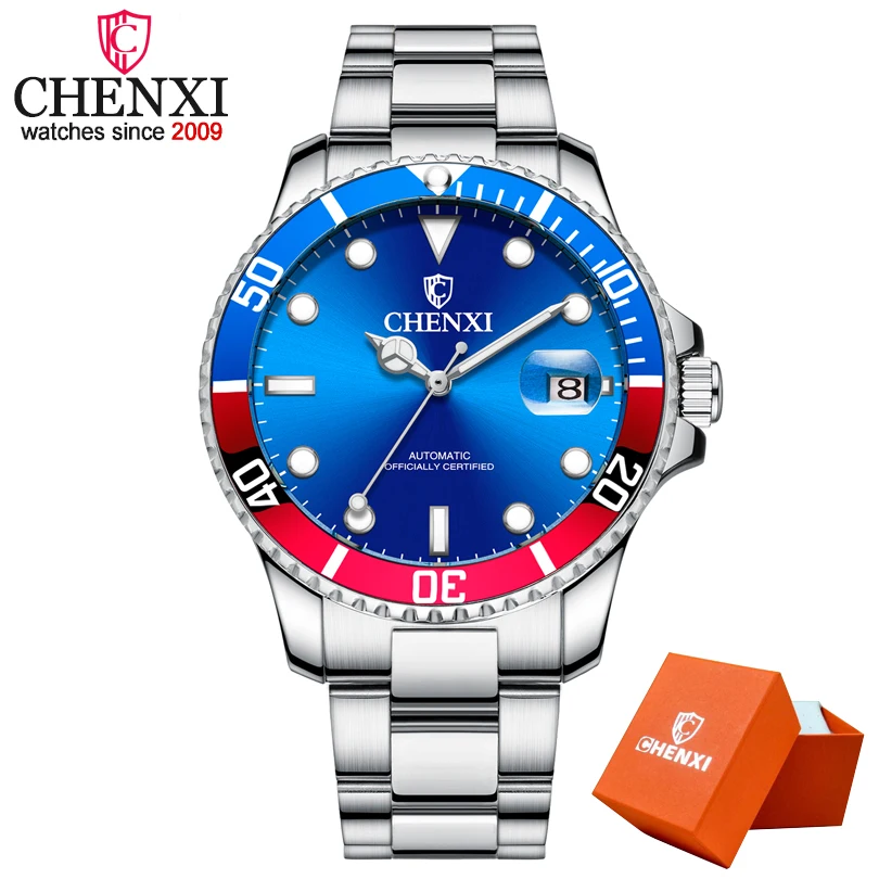 Blue Red in Box Прямая поставка CHENXI Топ бренд Мужские автоматические механические часы мужские золотые водонепроницаемые часы из нержавеющей стали Relogio Masculino - Цвет: Blue Red in Box