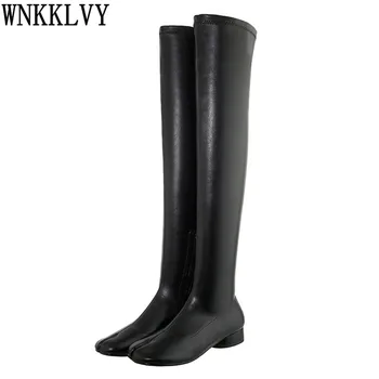 

Runway Low Heel Stretch Over The Knee Boots Women Split Toe Shoes Elastic Slim Long Booties Thigh High Boots For Ladies 2020