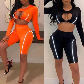 

2 Pieces Set Sexy Striped Patchwork two-piece Set Women Fashion 2019 Women Set Skinny Shorts Solid Color Hollow Out Crop Top