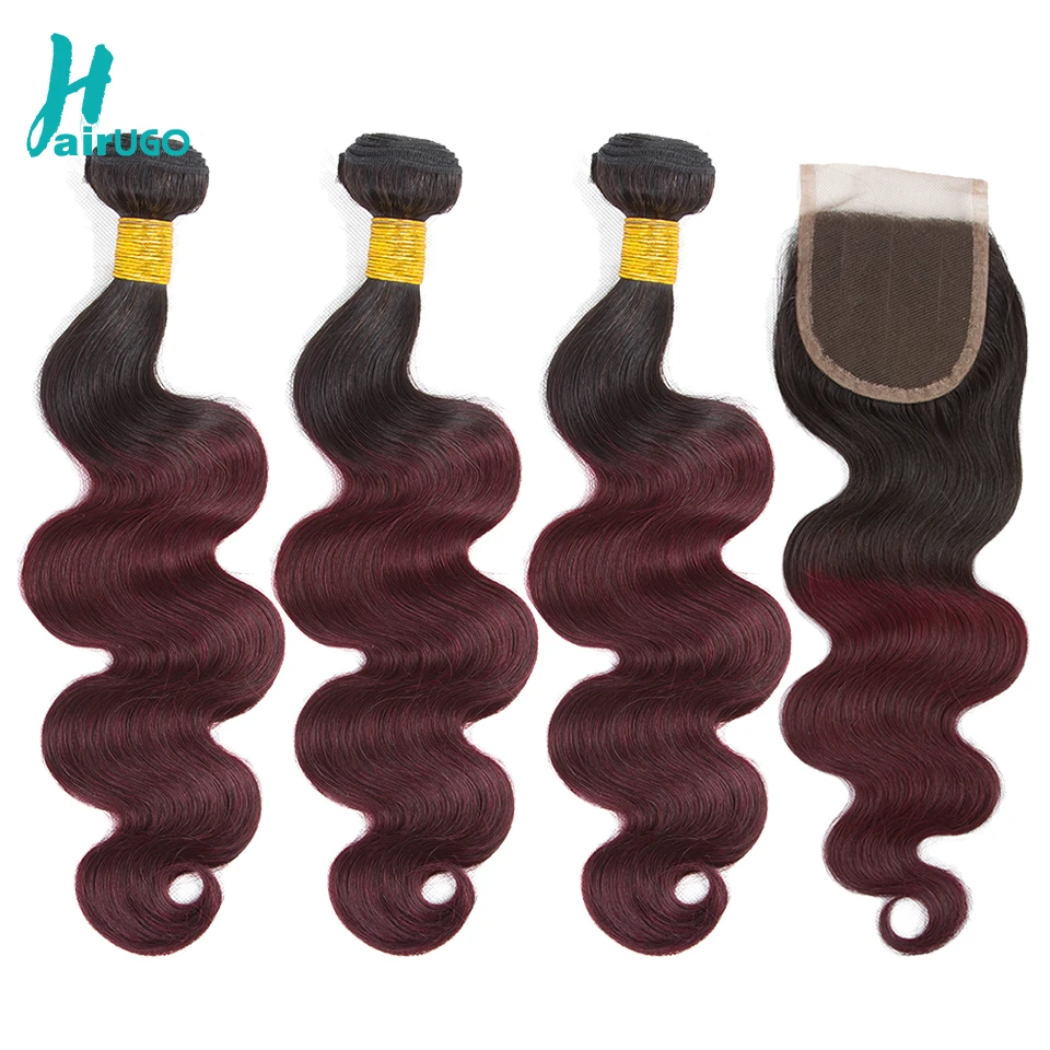 

HairUGo Ombre Peruvian Hair 4 Bundles With Closure Pre-Colored 1B/99J Body Wave Human Hair Bundles With Closure Non Remy Hair
