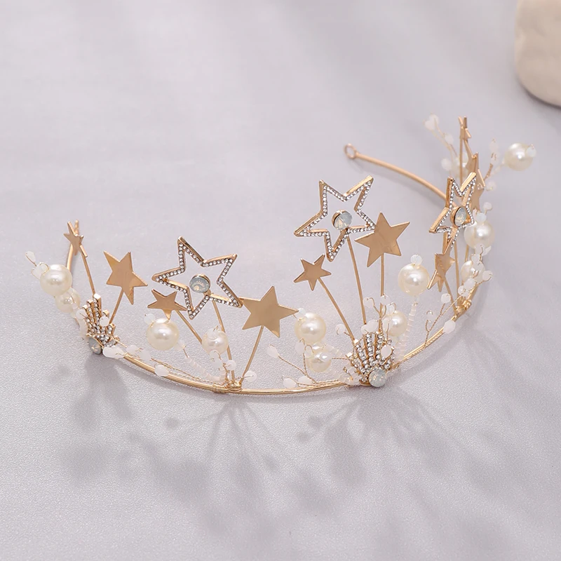 Золотые диадемы и короны, жемчужные звезды, свадебные аксессуары для волос для королевы принцессы, вечерние женские модные украшения для волос с кристаллами