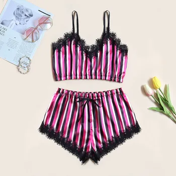 

New Women Bow Satin Sleepwear Sleeveless Strap Nightwear Lace Trim Satin Cami Top Pajama Sets Femme Sexy Lingerie Pyjamas Women