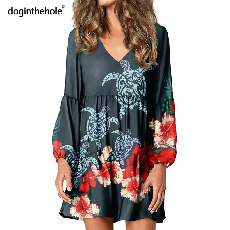 

Doginthehole Polynesian Tribal Pattern With Hibiscus Women's Fashion Ruffle Swing Dress Casual V-Neck Long Sleeve Tunic Tops