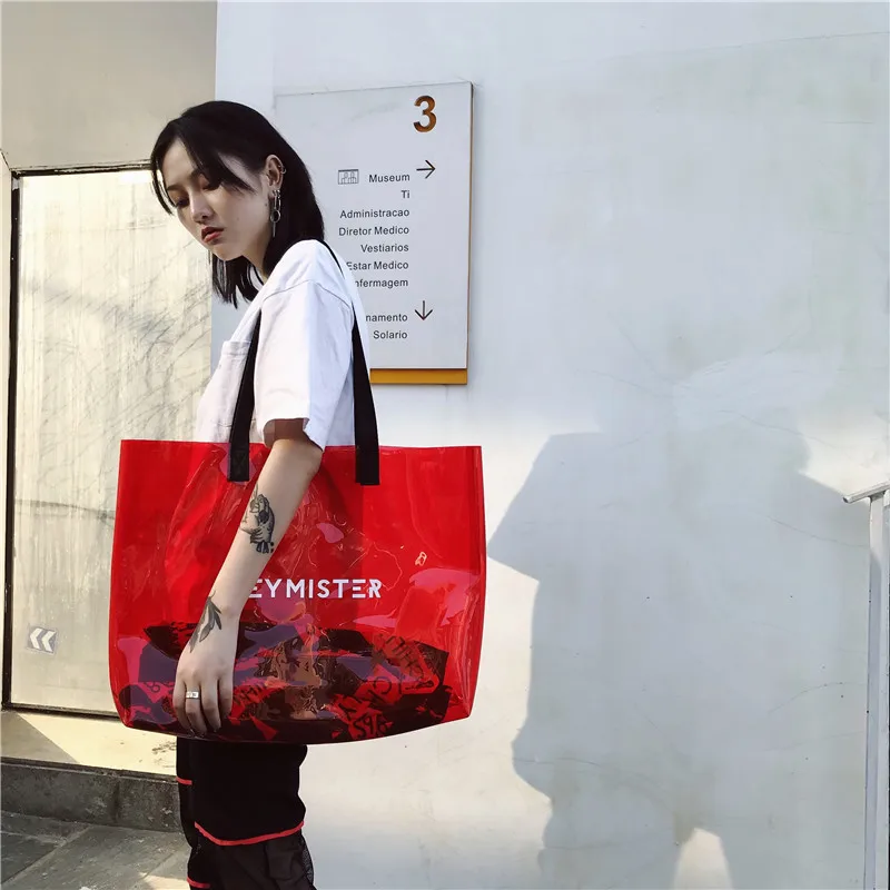 

INS Super Fire Shoulder Bag Transparent Bag Shoulder Bag Women's Large Bag Street Fashion Beach Gel Bag 2019 New Style