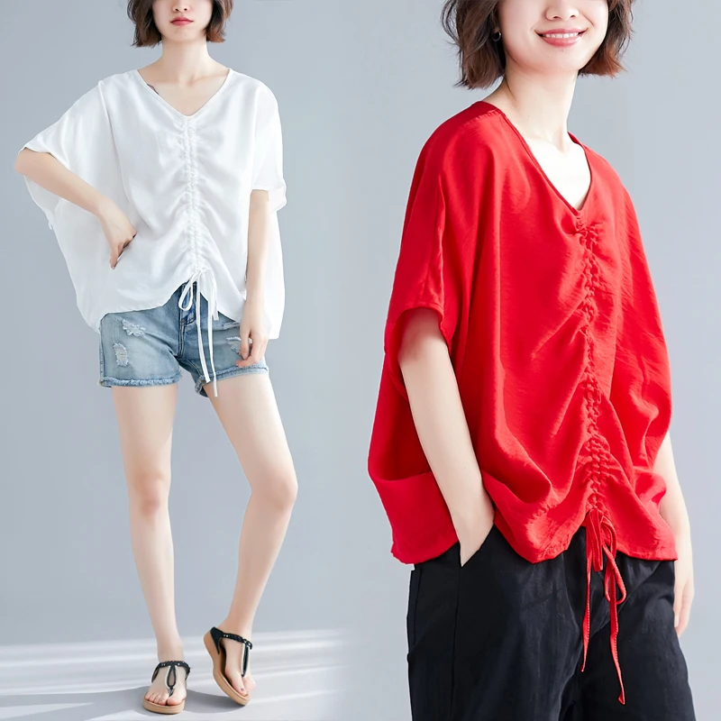 

Women Blouse Shirts Summer Plus Size Batwing Solid Vintage Female Loose Casual Cotton Linen Tops and Blouses Large Clothing 2019