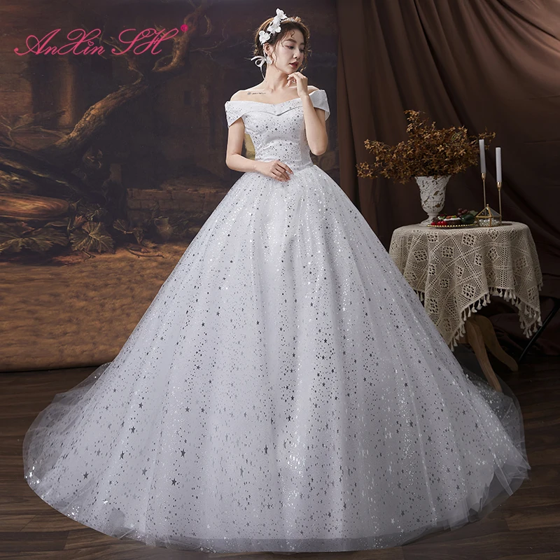 

AnXin SH princess sparkly lace white wedding dress party vintage boat neck silvery star sequins bride lace up wedding dress