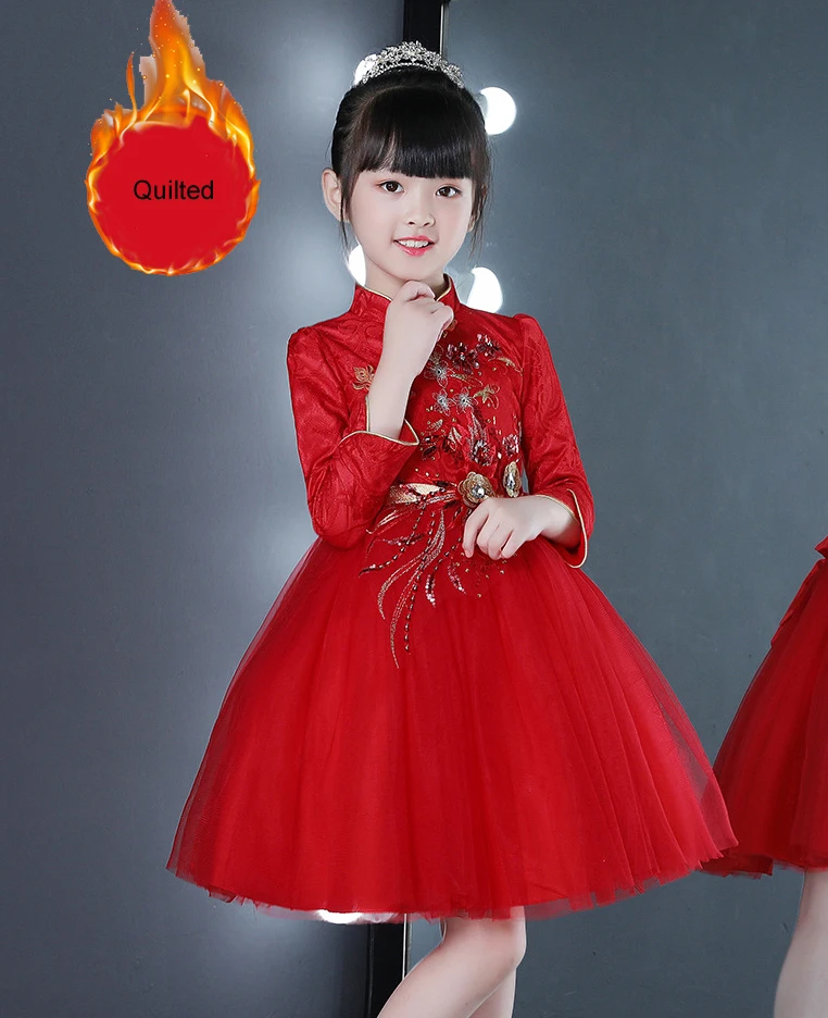 red 2 short quilted Зимнее стеганое платье для девочек; детское платье с цветочным узором для девочек; вечерние платья; торжественное кружевное платье с вышивкой; платье подружки невесты на свадьбу; праздничное платье для подростков - Цвет: red 2 short quilted