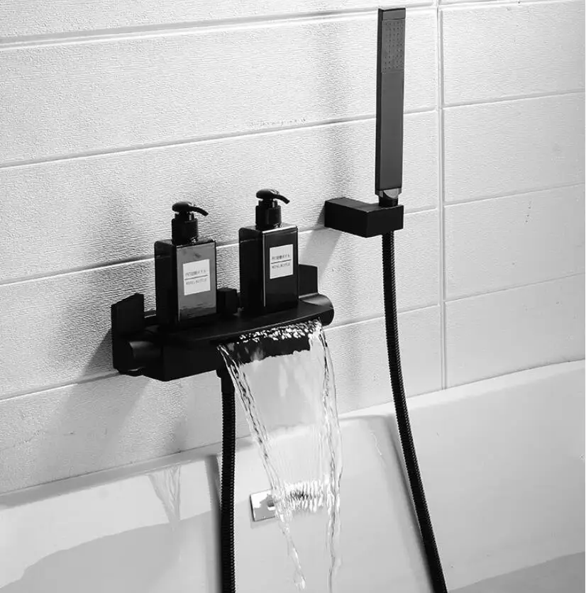 Золотой смеситель для ванной горячей и холодной ванной смеситель для ванной в форме водопада кран для ванной латунный Черный кран для ванной - Цвет: black