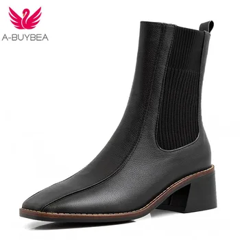 

Genuine Leather Platform Ankle Boots for Women Square Toe Zipper Women High Heels Shoes Woman Western Autumn Winter Boots Women