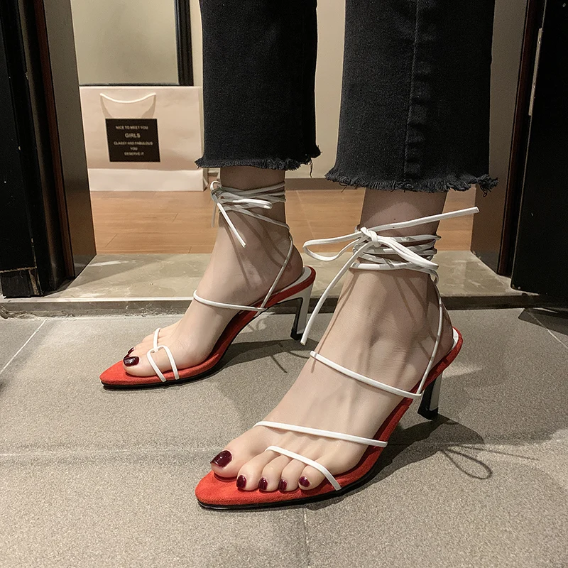 

rome style high heels sandals women summer shoes pointed clip toe 8 cm heel women shoes outdoor fashion gladiator sandals 2020