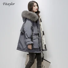 Fitaylor grande natural pele de raposa com capuz jaqueta de inverno das mulheres 90% pato branco para baixo parkas grossas quente faixa amarrar casaco de neve(China)