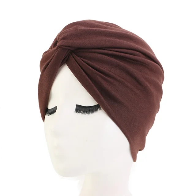 New Muslim Women Pearl Beading Elastic Turban Hat Cancer Cap Head Wrap cotton twist Chemo Cap Beanie Hijab Caps Headwear coffee