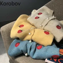 Korobov корейские женские кардиганы с вышивкой клубники и люрексом, милые однобортные свитера с круглым вырезом, винтажные вязаные свитера 79211