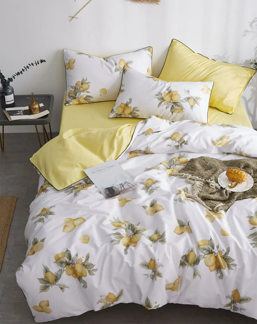 Европейский Элегантный дизайн желтый лимон постельное белье, Полный queen king хлопок двойной домашний текстиль простыня наволочка чехол пододеяльник