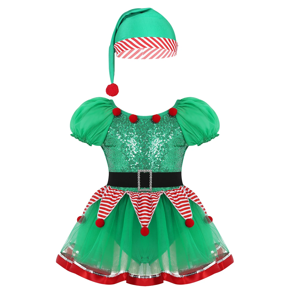 

Kids Girls Elf Christmas Fairy Spirit Costume Sequined Striped Mesh Tutu Dress Festival Santa Claus Carnival Theme Party Cosplay