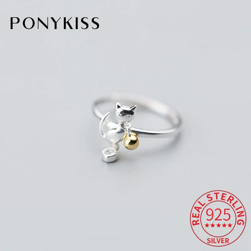 PONYKISS S925 Стерлинговое Серебро маленькая кошка и колокольчики указательный палец