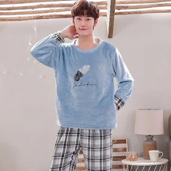 

Winter Warm Flannel Pajamas Men Pajama Set Feather Print Thicken Sleepwear Long Sleeve Pyjamas Plus Size Plaid Pants Nightwear