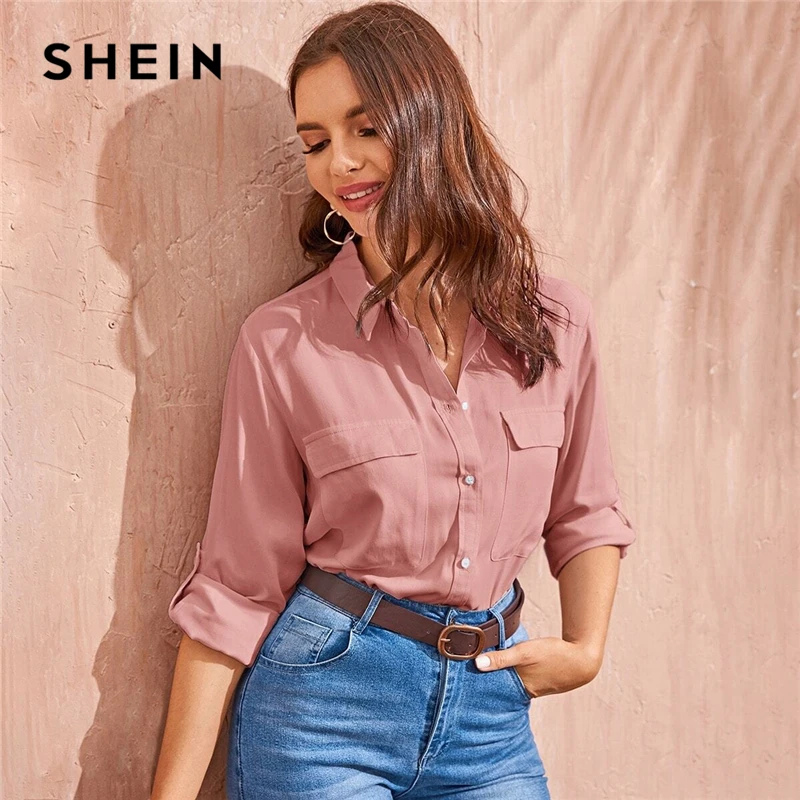 Розовая блузка SHEIN с карманами откидной крышкой рукавами воланами Женская