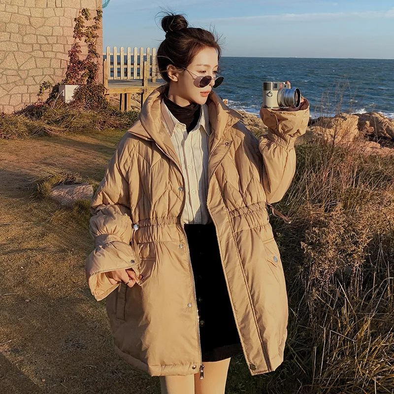 

The new Korean style mid-length thickened thin down jacket women winter loose waist stand-up collar white duck down coat