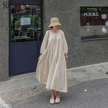 

SuperAen 2020 Spring and Autumn New Dress Women Solid Color Korean-style Ladies Dress Cotton Linen Casual Pluz Size Dresses