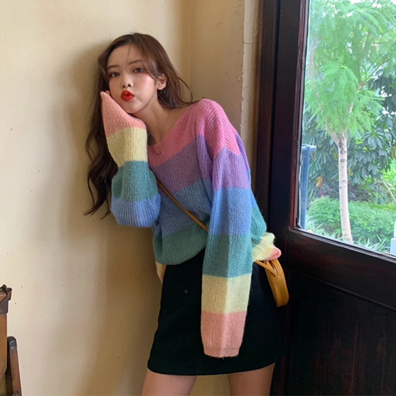Women's Sweaters Korean Ins Chic Ulzzang Loose Rainbow Striped Sweater Female Vintage Kawaii Cute Svitshot For Women
