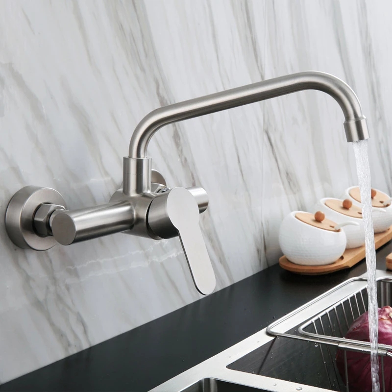 Kitchen Faucet Stainless Steel Bathroom Basin Sink Tap Wall Mounted 360 Degree Swivel Double Hole Hot Cold Water Mixer Tap Crane