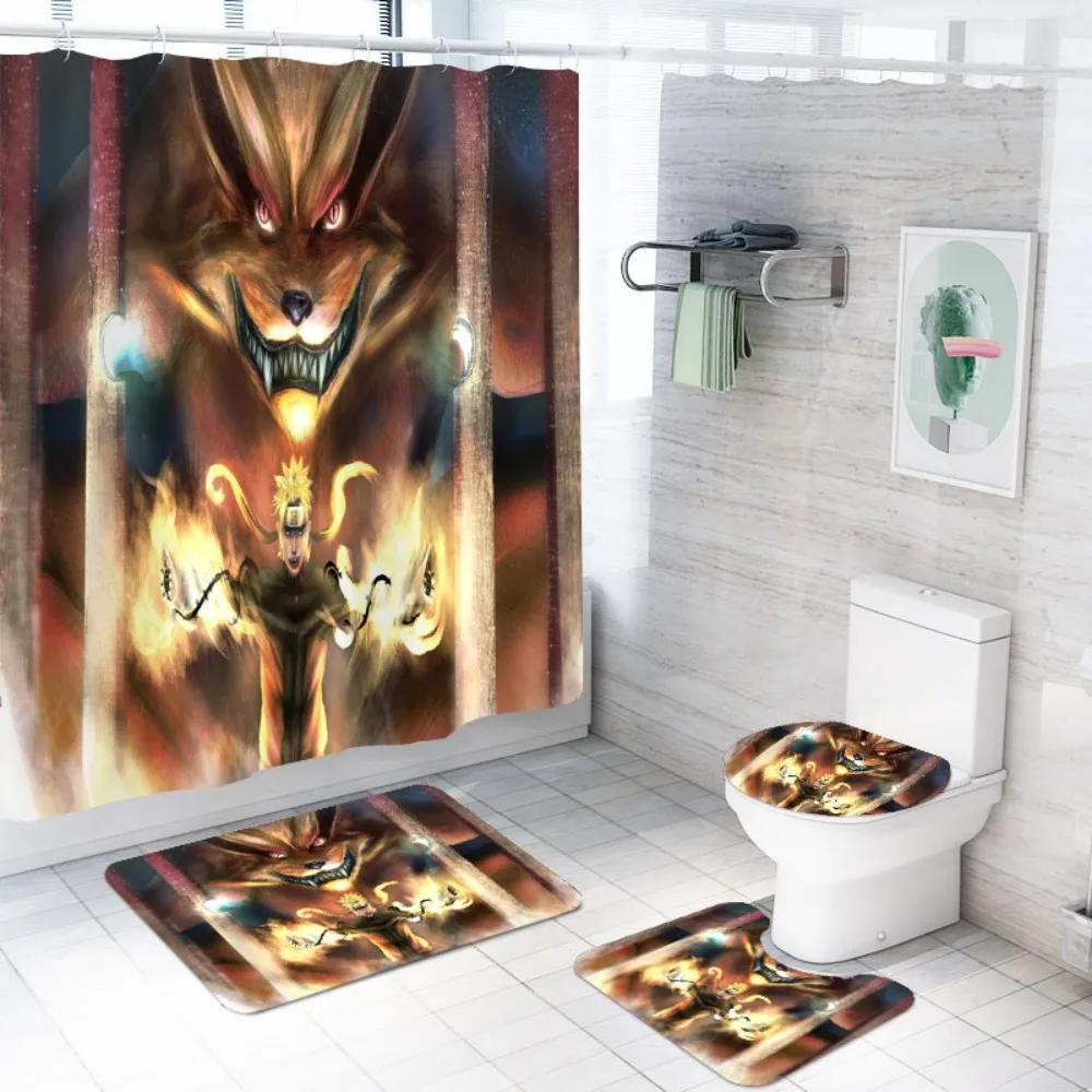 

Bath Curtain 4 PCS/Set Anime Naruto Tail Beast Polyester Shower Curtain Floor Mat Toilet Carpet Shower Room Decorative Foot Mat
