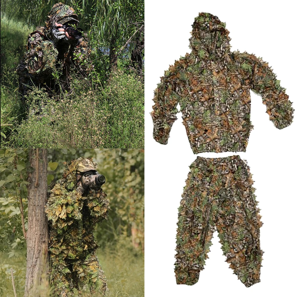 New Hunting clothes 3D Leaves Huntting Camouflage Clothes Ghillie Suit Jacket Hooded Pants Jungle Youth Adult Clothing Suit