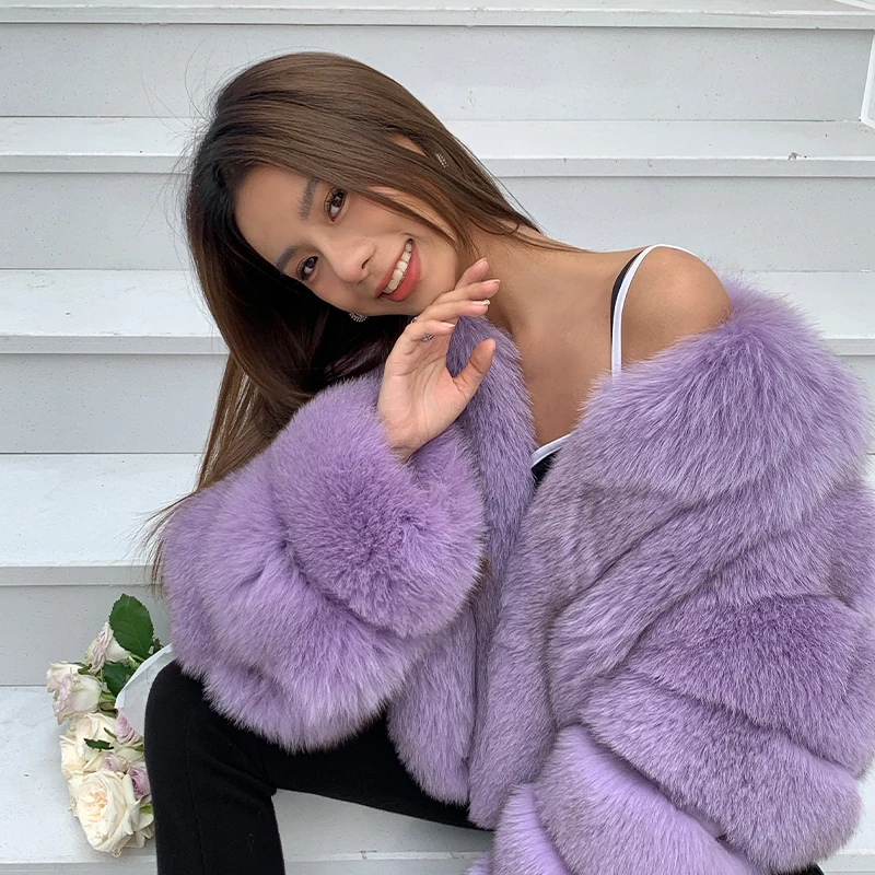 High Quality Genuine Fox Fur Coat Whole Skin 2022 Autumn and Winter New Light Purple Fox Fur Jacket Natural Woman Outwear Luxury