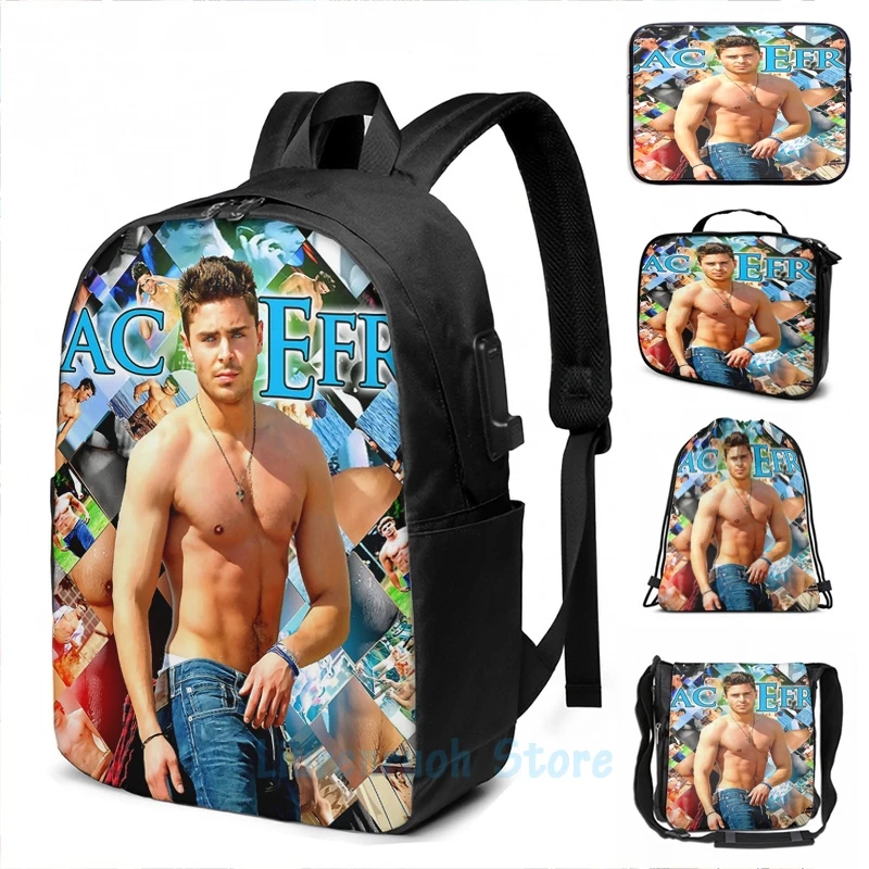 Забавный рюкзак с графическим принтом Zac Efron USB-зарядкой школьные ранцы для мужчин
