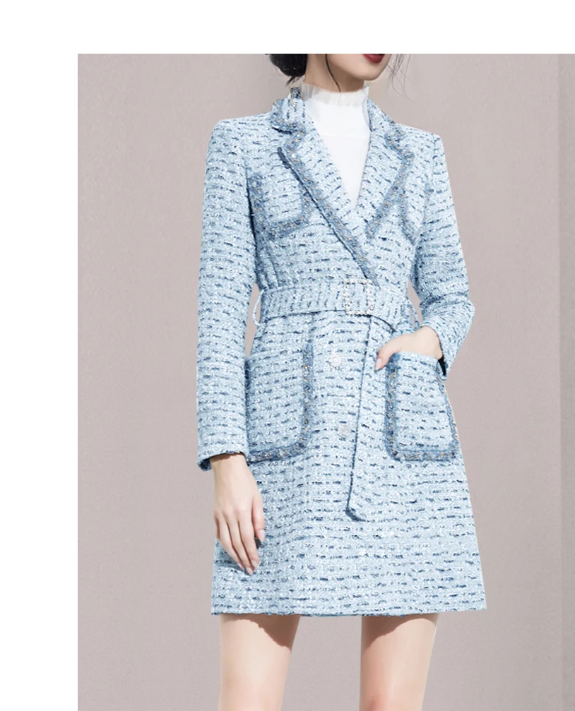 Fashion Blue Small Fragrant Wind Tweed Women Blazer Coat 2022Winter New Jackets Office Lady Temperament Suit Woolen Coat + Belt women's down coats & jackets